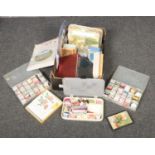 A box of sewing and crafting materials.