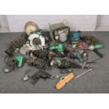 A large collection of power tools, to include Makita router, Bosch circular saw, Hitachi sander etc.