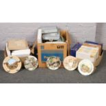 Three boxes of ceramic cabinet plates, Wedgwood, Royal Albert, Royal Doulton examples