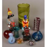 A collection of art glass to include Marano clown, paperweights, decanter, large vase etc.