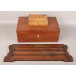 A mahogany writing slope along with a Riley snooker score board and wooden inlaid jewellery box