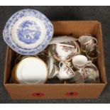 A box of pottery, china and glass. Including a Colclough china teaset, glasses decorated with