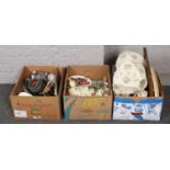 Three boxes of miscellaneous to include costume jewellery, table lamps, ornamental dogs,