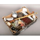 A box of collectables, to include hip flask, hand fans, chain mail purse etc.