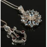 Two silver pendants on chain to include marcasite and coloured paste stone examples.