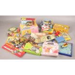A box of toys, to include vintage examples, Miss Happynak tin plate boat, Sindy, Beatles etc.