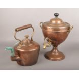 A copper kettle along with a copper and brass samovar.