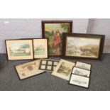 A collection of paintings and prints to include pair of M.Walker watercolours, religious print of