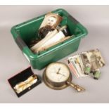 A box of collectables to include postcards, opera binoculars, altitude gauge etc.