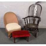 A small group of furniture, to include Windsor arm chair, Lloyd Loom and a footstool.