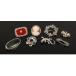Eight silver brooches to include cameo, lizard, coloured paste stone examples etc.