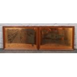 Two framed aircraft copper etchings, The Red Arrows and A Harrier of the Royal Air Force.