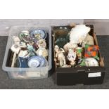 Two boxes of miscellaneous to include ceramic figural centre piece, twin handle coloured glass bowl,