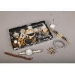 A box of costume jewellery, to include paste examples, brass buttons, quartz wristwatches, pendant