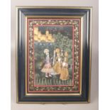 A framed Indian painting on silk, landscape scene with Hindu deity and figures.