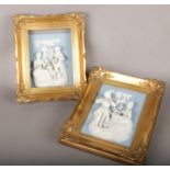 A pair of Victorian Jasperware style couple figure pictures in gilt frames