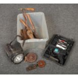 A box of tools, to include cased impact wrench, vintage tape measures, planes etc.