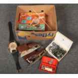 A box of miscellaneous to include The Club Skate ice skates, miniature Singer, plastic toy