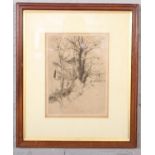 Reginald E. J. Buel, framed etching, river landscape. Signed in pencil, 28cm x 21cm.