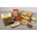 A box of vintage tins, to include tobacco and biscuit examples, along with a Victorian wooden box.