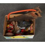 A box of tools, to include saws, vice, hand drills etc.
