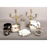 A mixed group to include brass candelabra, Royal Albert Old Country Roses, Wedgwood etc.