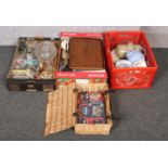 Three boxes of miscellaneous to include canteen of cutlery, padlocks, wicker hamper, stoneware,