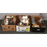 Three boxes of miscellaneous to include silver plate, carnival glass, pair of Wade vases, Royal
