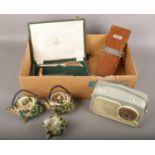 A box of miscellaneous, Mosley Tie press, Dansette 222 transistor, Samuel Peace cased cutlery,