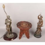 An Indian carved wood inlaid table along with a Juliana collection figural table lamp and another