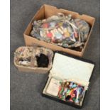 A large vintage sewing bag containing assorted tapestry wool, sewing basket containing beads and