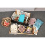 A box of sewing and crafting materials, to include beads, patterns, stockings etc.