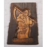 A carved wooden plaque decorated with farmer and wife. 62cm x 47cm.