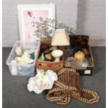 Three boxes of miscellaneous, to include Poole dinnerwares, Sadler, Juliana Collection tablelamp