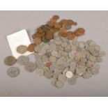 A collection of mainly pre decimal coins, shillings, sixpences, florins, half penny, three pence
