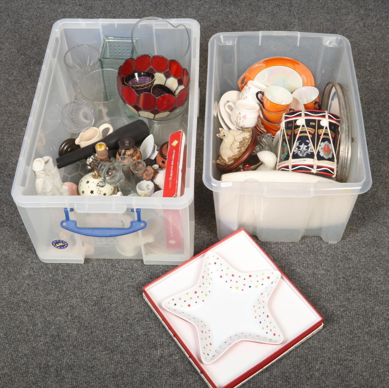Two boxes of miscellaneous, to include novelty regiments ice bucket, Portmeirion, Tiffany style lamp