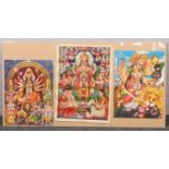 Three vintage 1970s Hindu coloured devotional posters of deities, each approx 50cm x 35cm.