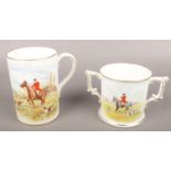 A Royal Crown Derby hand painted loving cup, hunting scene signed J.Barlow along with similar