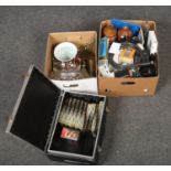 Two boxes and a case of miscellaneous, to include stoneware ink bottles, glass storage jars, cut