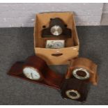 A box of mostly mantel clocks to include Smiths Enfield examples etc.