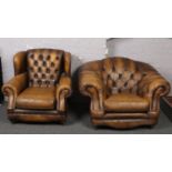 A brown leather deep buttoned wing armchair and similar tub chair.