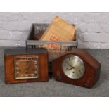 A box of mainly wooden cased mantle clocks, smiths, foreign examples, to include Westclox Baby Ben