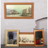 Two large Folland prints, along with two mirrors; one gilt frame, the other pine.