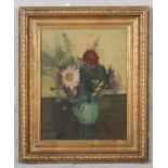 Reg Hayden gilt framed oil on board. Still life, vase with flowers, signed, 33cm x 26cm.