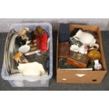 Two boxes of miscellaneous, cut crystal glassware bowls, vases etc, Wedgwood ceramic pin plate,