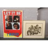 A framed Chaplan The Beatles print, along with a The Beatles Let It Be poster.