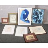 A collection of framed prints including Degas and Rodin.