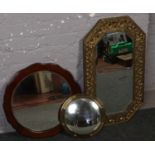 Three wall mounted mirrors to include ornate gilt framed bevel edge example.