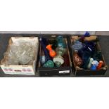 Three boxes of glass wares, coloured glass vases, bowls, jugs etc to include cut crystal wine