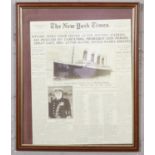 A framed Titanic newspaper print